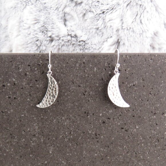 Hammered Silver Crescent Moon Earrings - Picture 4 of 5